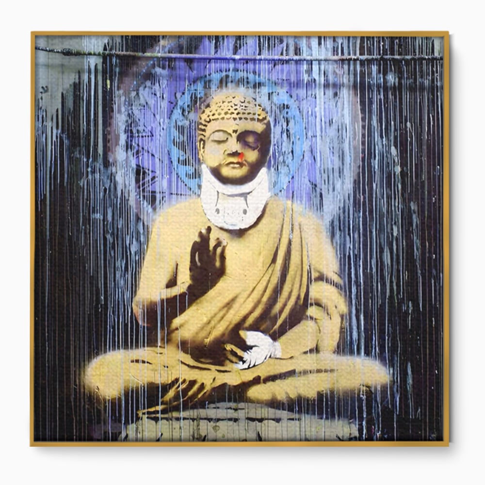 Tablou canvas cu tablou canvas cu statuie buddha stilizata, in rama de aluminiu auriu